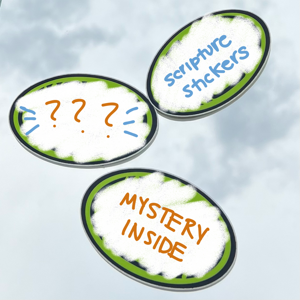 Three oval stickers with text on a white sky background