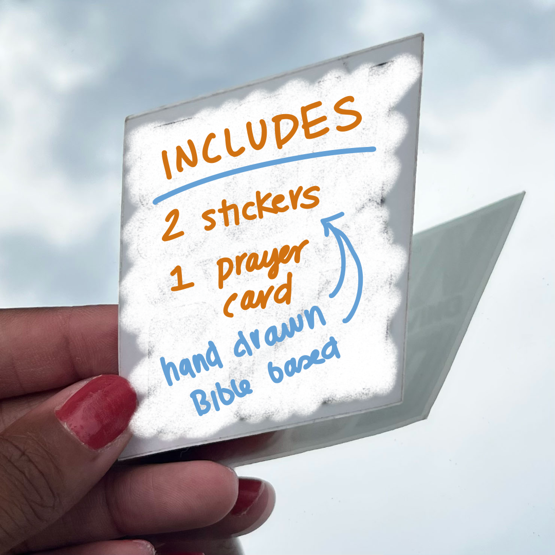 Hand holding a small card with text about included items on a cloudy sky background
